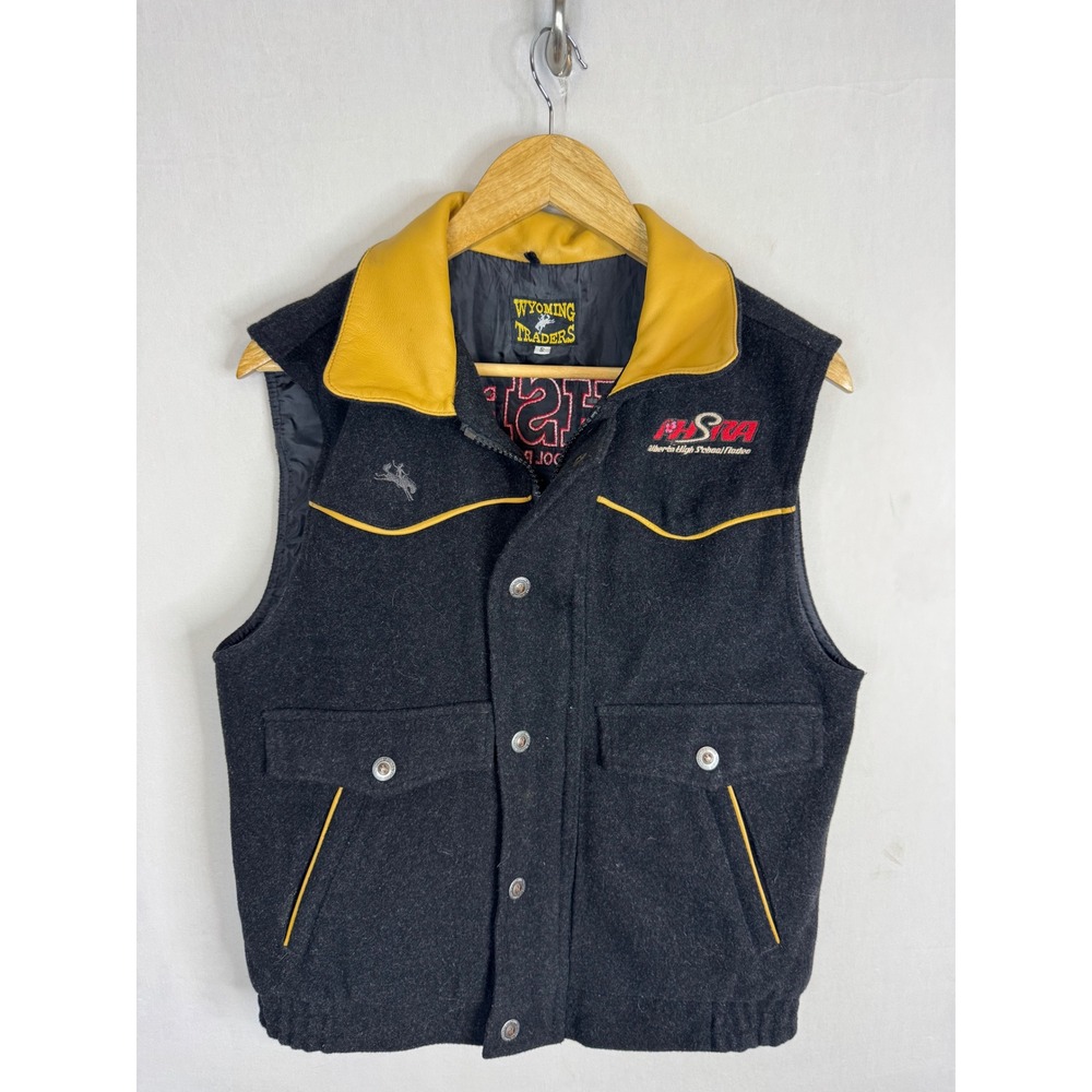 Wyoming Traders Mens Wool Western Vest Grey Yellow Leather AHSRA Rodeo Small